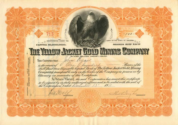 Yellow Jacket Gold Mining Co. - Stock Certificate